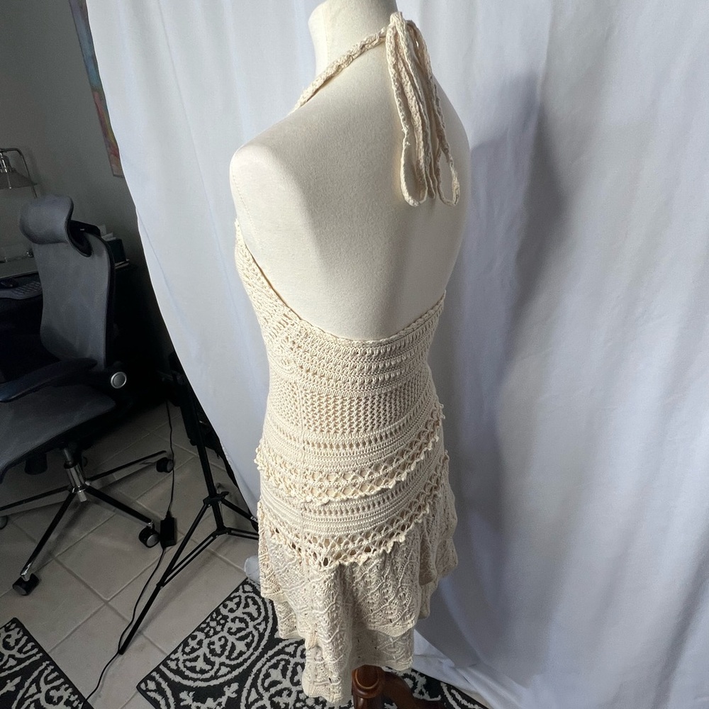 ✨ MODA International Cream Crochet Halter Dress Boho Festive Mini Dress - Medium - Picture 5 of 11